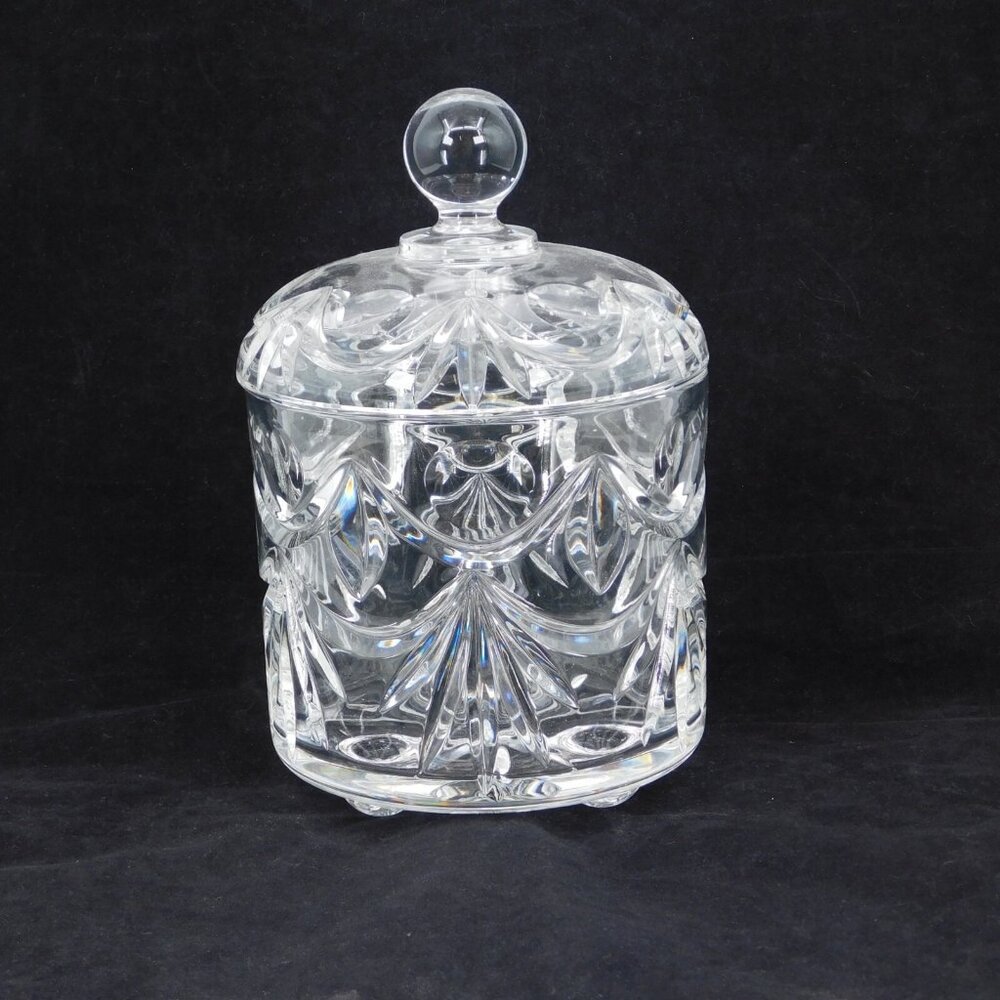 Crystal Lidded Biscuit Jar Footed Sphere Handle 5" tall with lid 8" FLAW